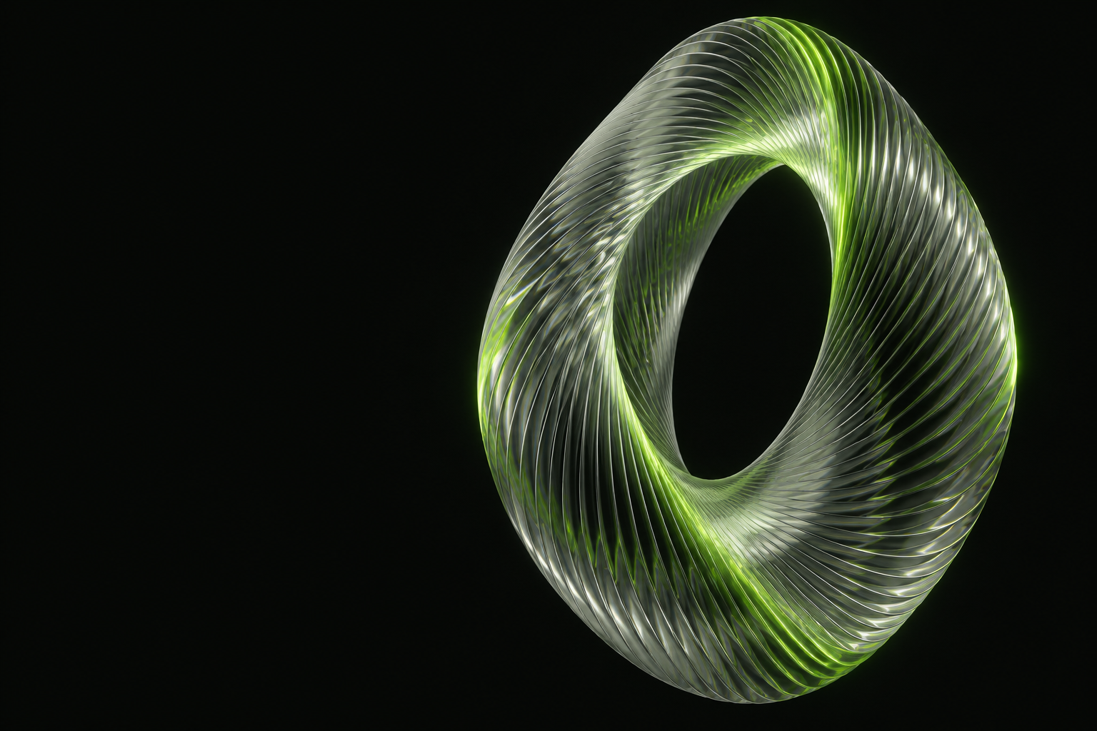 A sculptural loop of glass refracting green light